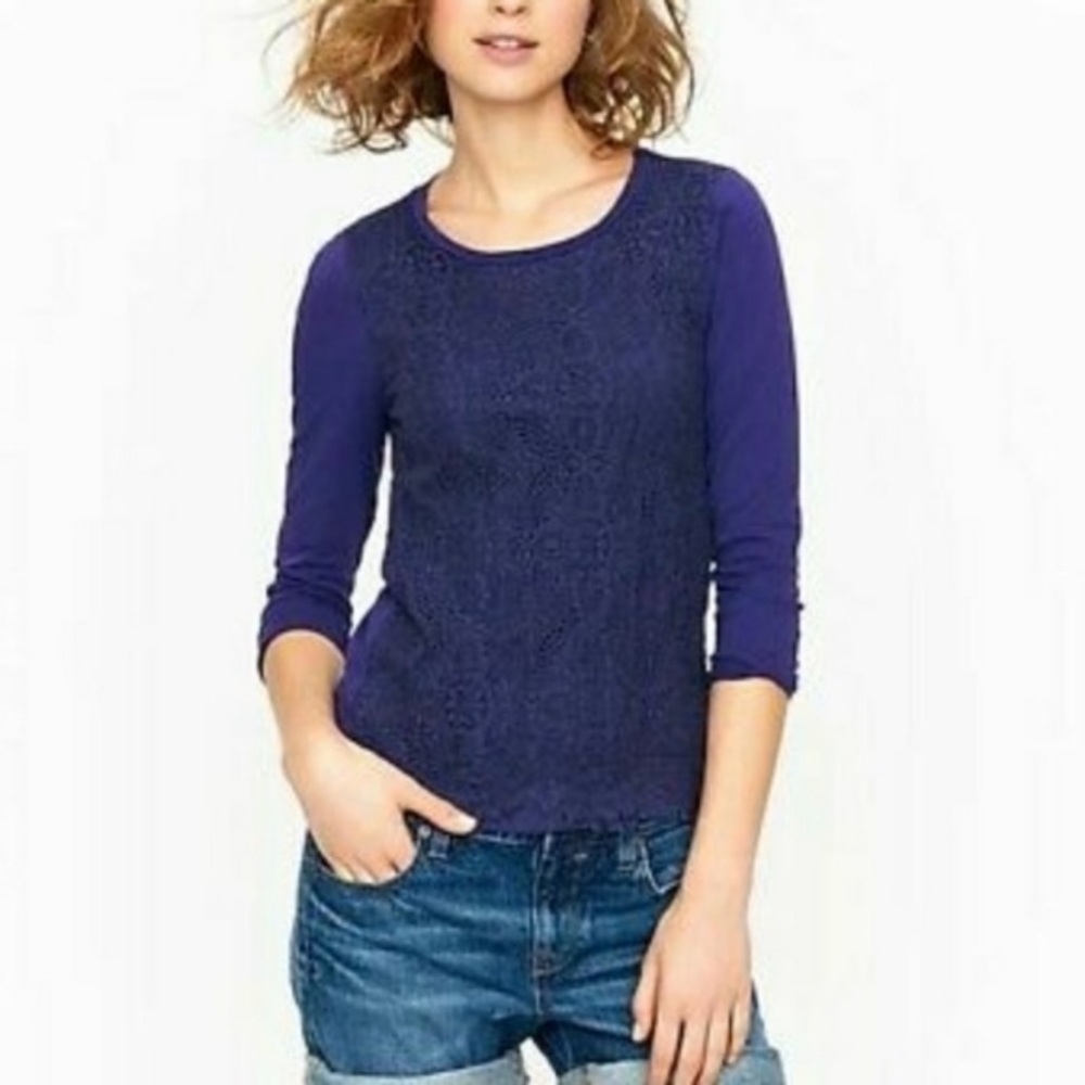 JCrew Navy Crochet Lace 3/4 Sleeve Tee